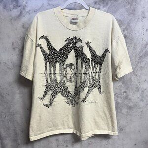 Vintage 90s Giraffe Nature T Shirt Mens XL White Short Sleeve Art